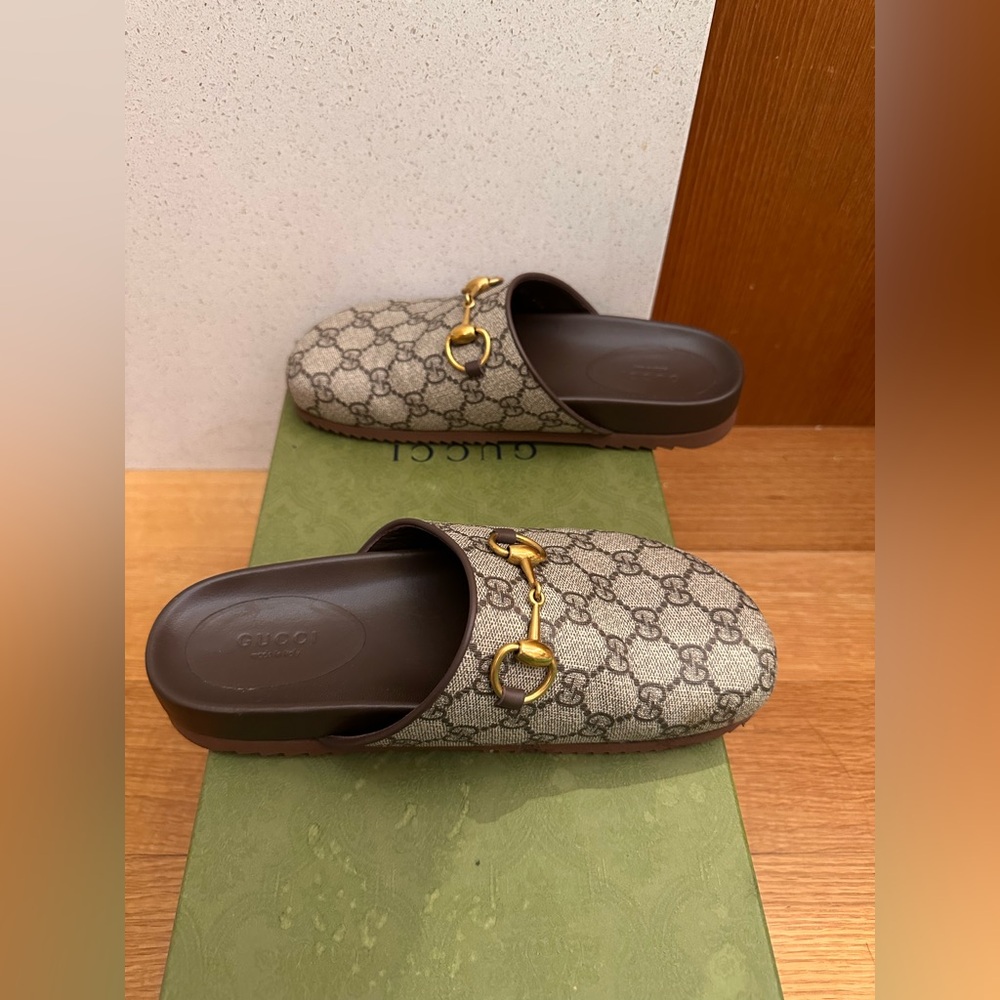 Gucci Beige Monogram Mules with Gold Hardware - Picture 3 of 10